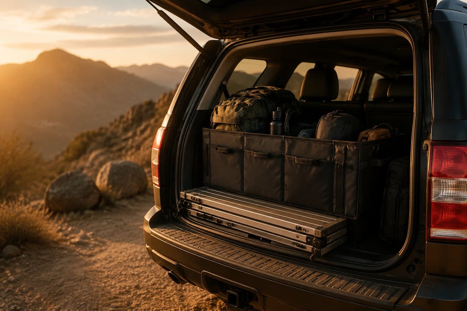 An SUV trunk loaded with Outempire gear at a trailhead